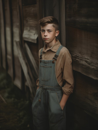 Portrait of a handsome young boy in overalls standing near the wooden houseの素材