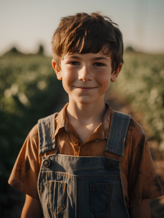 Portrait of a smiling boy in a field. Selective focus.の素材