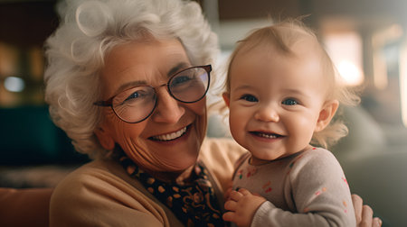 Portrait of a smiling grandmother with her grandchild at home.の素材