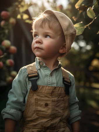 Cute little boy in a cap and overalls stands in an apple orchardの素材