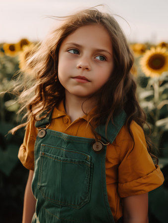 Portrait of a beautiful little girl on a background of sunflowers.の素材