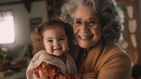 Portrait of happy grandmother and granddaughter at home. Grandma and granddaughter are smiling and hugging.の素材