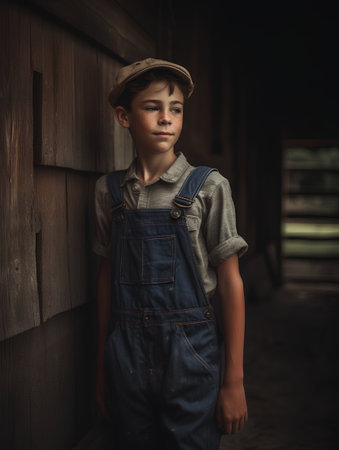 Portrait of a little boy in overalls and a cap.の素材