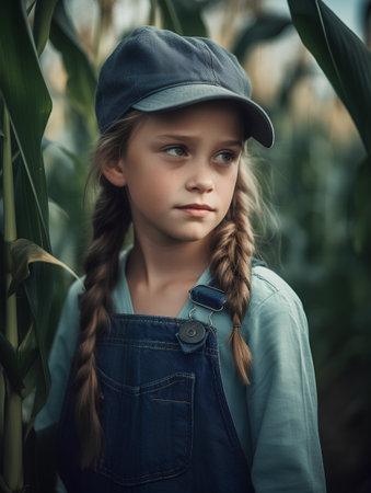 Portrait of a cute little girl with braids in a cap on a corn field.の素材