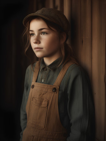 Portrait of a beautiful young woman in a hat and overalls on a wooden background.の素材