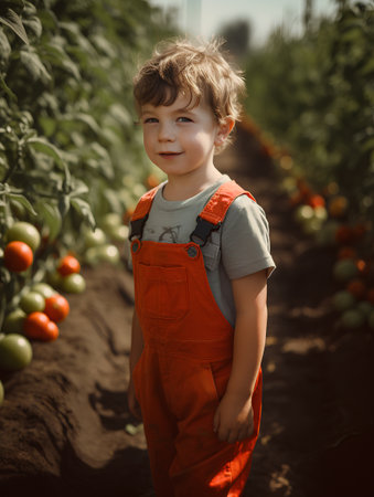 Cute little boy picking tomatoes in greenhouse on sunny summer day.の素材