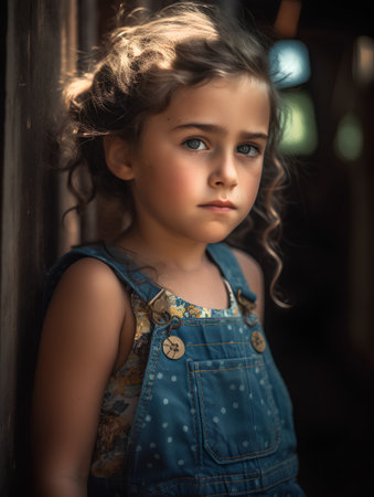 Portrait of a little girl with long hair in a denim dressの素材