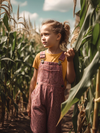 Cute little girl in corn field. Selective focus. Nature.の素材
