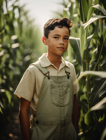 Portrait of a boy standing in a corn field looking at cameraの素材