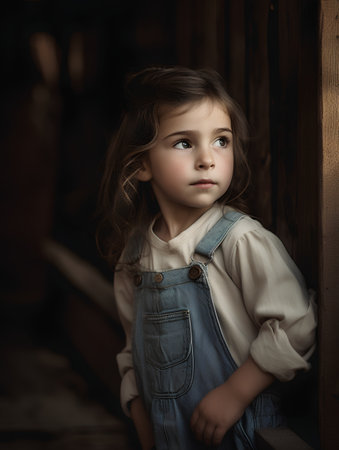 Portrait of a beautiful little girl in a denim overalls.の素材