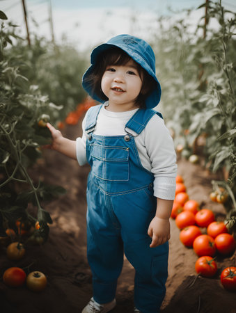 Portrait of little boy picking fresh tomatoes in the garden. Concept of healthy nutrition.の素材