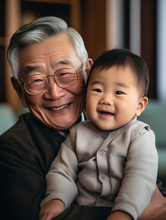 Portrait of a happy asian grandfather and his grandson smiling at homeの素材