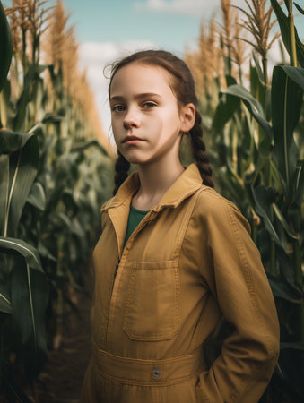 Portrait of a beautiful little girl in a yellow coat on the background of a corn fieldの素材