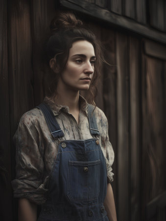 Portrait of a beautiful young woman in denim overalls standing in front of an old wooden houseの素材