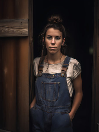 Portrait of a beautiful young woman in overalls standing in front of a wooden doorの素材