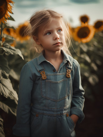 portrait of little girl on the field of sunflowers.の素材