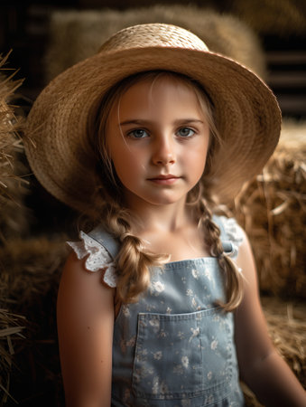 portrait of a little girl in a straw hat on the farmの素材