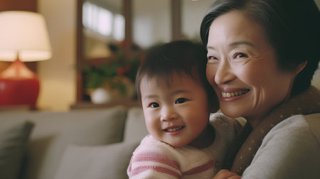 Asian senior woman and her grandchild at home. Asian family concept.の素材