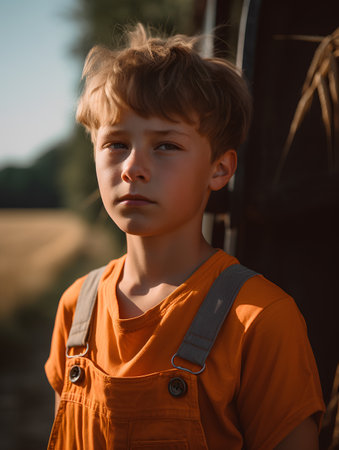 portrait of a boy in an orange shirt on the background of the countrysideの素材