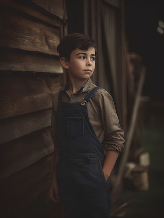 Portrait of a boy in a denim overalls standing by the wooden wall.の素材
