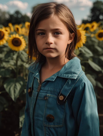 portrait of a little girl in a denim jacket in the field of sunflowersの素材