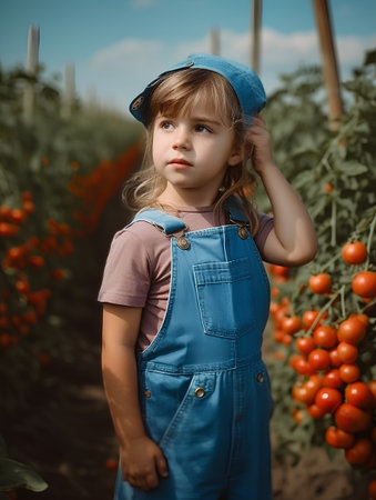 Portrait of cute little girl in blue overalls and cap standing in tomato gardenの素材