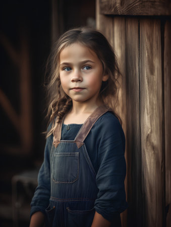 portrait of a beautiful little girl in denim overalls on a wooden backgroundの素材