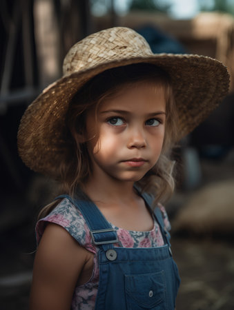 Portrait of a little girl in a straw hat on the farmの素材