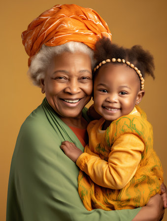 Happy african american grandmother and grandson hugging each other on yellow backgroundの素材