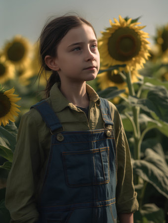 Portrait of a little girl in a field of sunflowersの素材