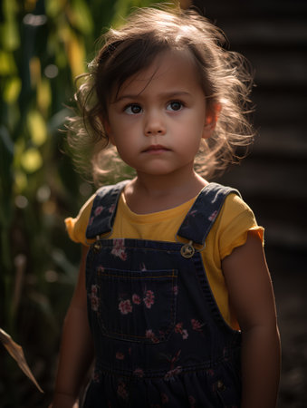 Portrait of a cute little girl in a cornfield. Selective focus.の素材