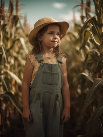 Portrait of a cute little girl in a cornfield. Selective focus.の素材