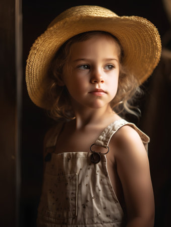 Portrait of a cute little girl in a straw hat on a dark backgroundの素材