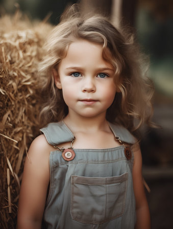 Portrait of a beautiful little girl on a background of hay.の素材