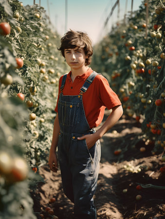 Portrait of a young farmer standing among red tomatoes in a greenhouseの素材