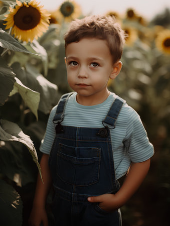 Portrait of a cute little boy in the field of sunflowersの素材