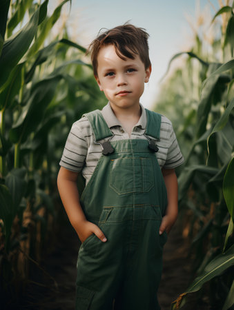 Portrait of a little boy in a cornfield. Selective focus.の素材