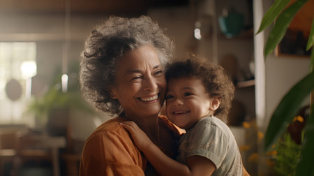 Portrait of a smiling senior woman with her grandchild at homeの素材
