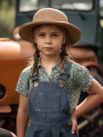 portrait of a beautiful little girl in a straw hat and overallsの素材