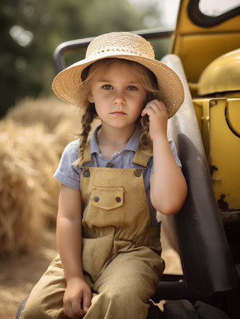 Portrait of a beautiful little girl in a straw hat on the background of a tractorの素材
