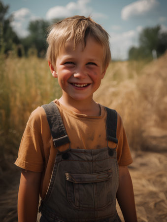 Portrait of a smiling boy in a wheat field on a sunny dayの素材