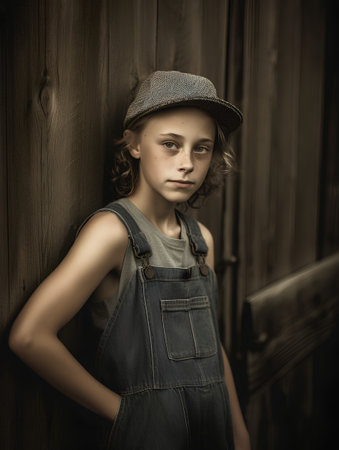 Portrait of a beautiful little girl in a hat and overalls.の素材