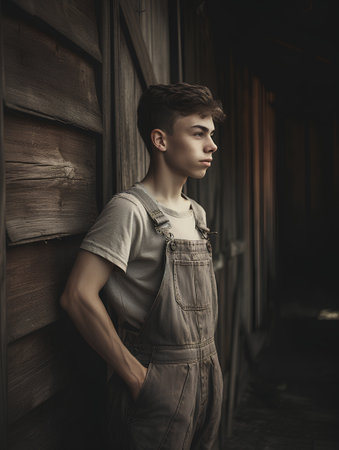Handsome young man in jeans overalls leaning against a wooden wallの素材