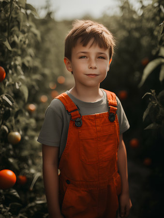 Portrait of a cute little boy in an orange overalls on the background of the garden.の素材