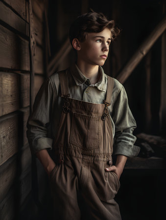 Portrait of a young boy in overalls standing in a barn.の素材