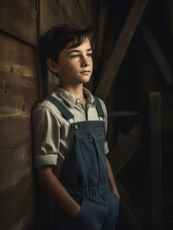 Portrait of a boy in overalls on a wooden background.の素材