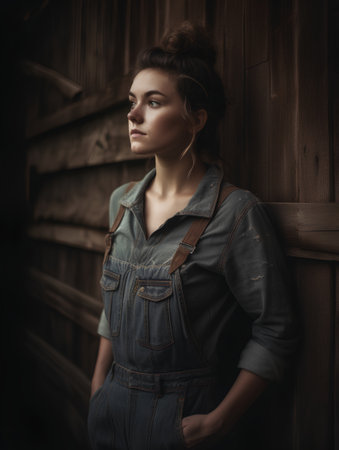 Portrait of a beautiful young woman in denim overalls standing near the wooden wall.の素材