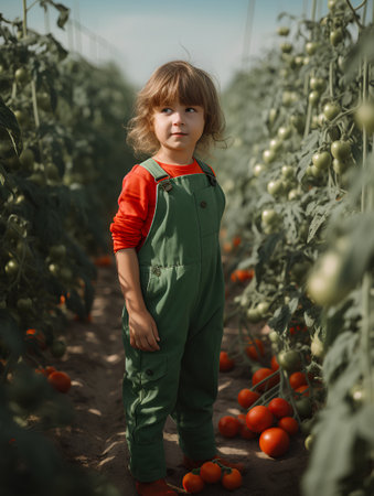 Cute little boy in green overalls standing among ripe tomatoes in greenhouseの素材