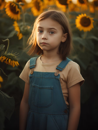 Portrait of a little girl in a field of sunflowersの素材