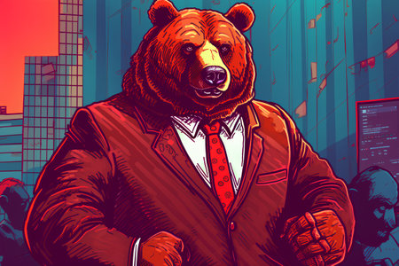 Vector illustration of a bear in a suit and tie on the background of the city.の素材
